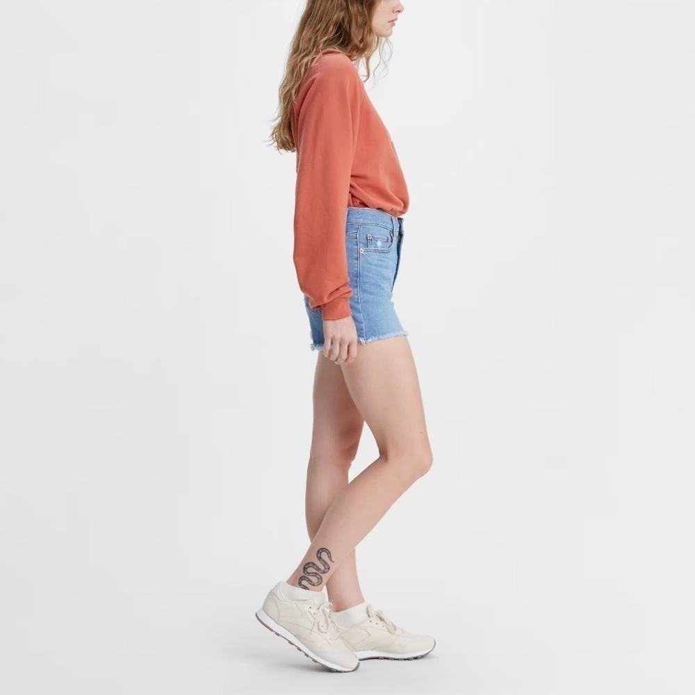 Levi’s Frayed Hem Blue Denim Cutoffs Festival High Waist Stretchy 26 Jean Shorts - Picture 3 of 16